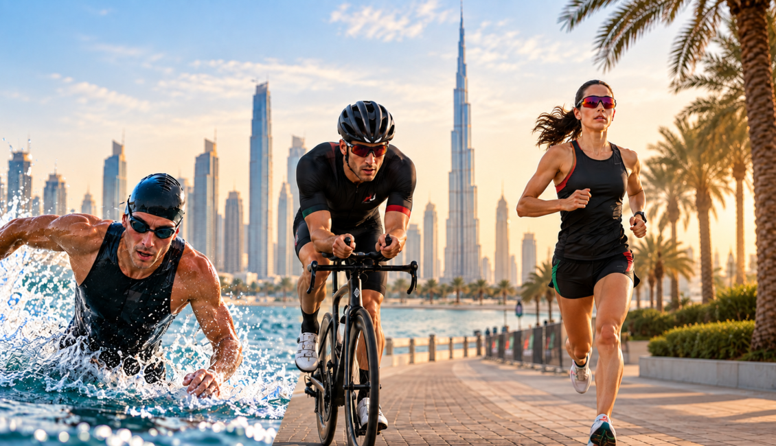Multisport event in Dubai featuring swimming, cycling, and running with the Dubai skyline