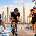 Multisport event in Dubai featuring swimming, cycling, and running with the Dubai skyline