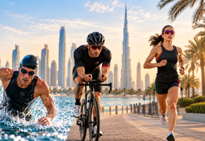 Multisport event in Dubai featuring swimming, cycling, and running with the Dubai skyline