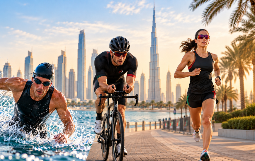 Multisport event in Dubai featuring swimming, cycling, and running with the Dubai skyline